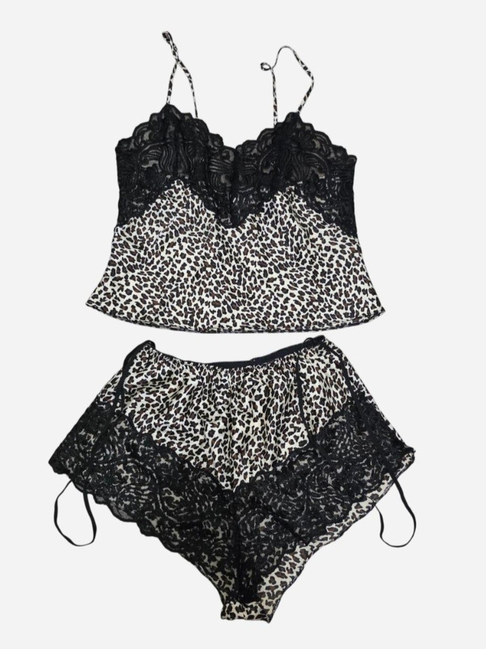 Leopard Lace Cami & Shorts Pajama Set - Black/Beige/Brown
